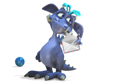 Frido Mascot holding an envelop to mail